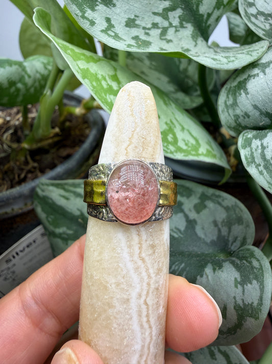 Red Tanzurine® Cabochon Brass Overlay Ring- Sz. 8 Sterling Silver & Brass