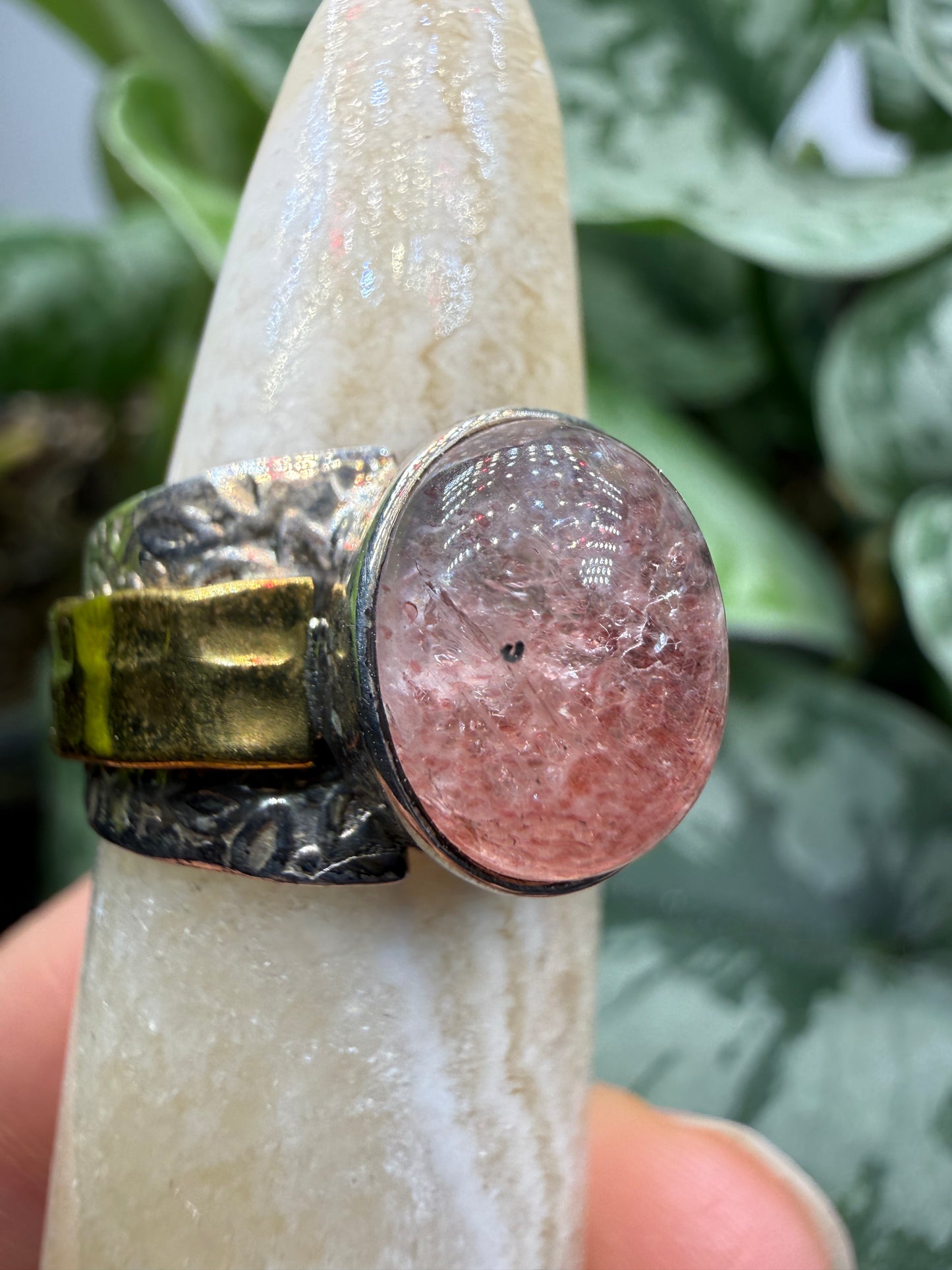 Red Tanzurine® Cabochon Brass Overlay Ring- Sz. 8 Sterling Silver & Brass