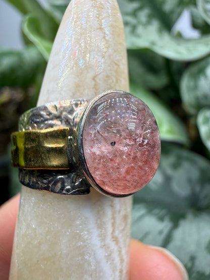 Red Tanzurine® Cabochon Brass Overlay Ring- Sz. 8 Sterling Silver & Brass