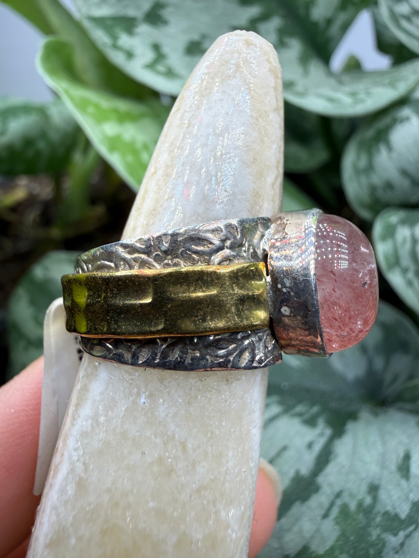 Red Tanzurine® Cabochon Brass Overlay Ring- Sz. 8 Sterling Silver & Brass