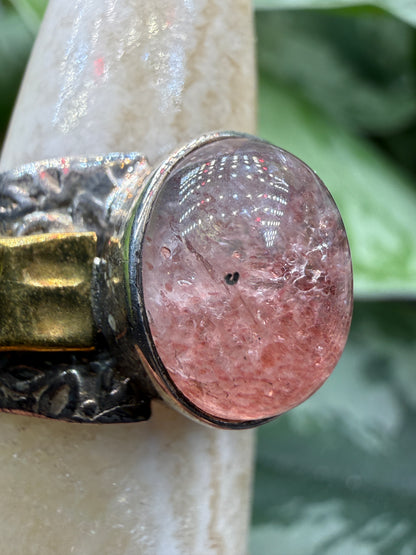 Red Tanzurine® Cabochon Brass Overlay Ring- Sz. 8 Sterling Silver & Brass