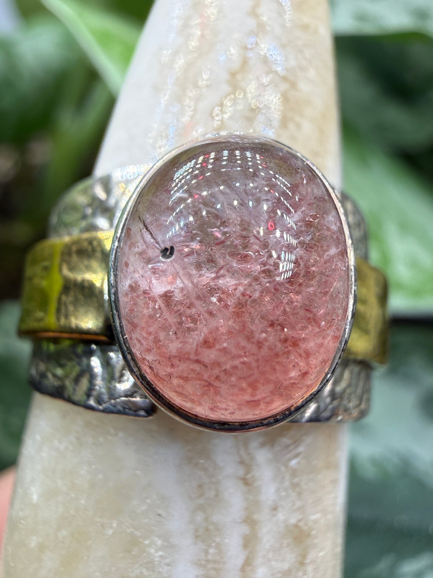 Red Tanzurine® Cabochon Brass Overlay Ring- Sz. 8 Sterling Silver & Brass