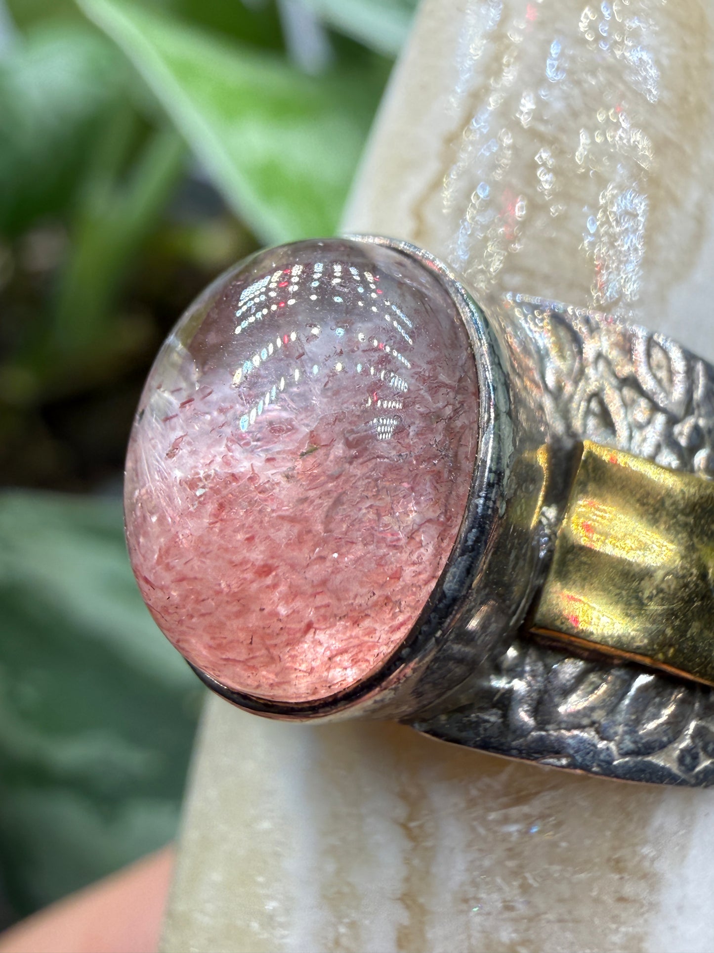 Red Tanzurine® Cabochon Brass Overlay Ring- Sz. 8 Sterling Silver & Brass