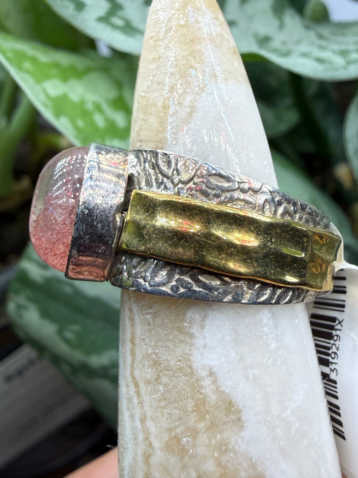 Red Tanzurine® Cabochon Brass Overlay Ring- Sz. 8 Sterling Silver & Brass