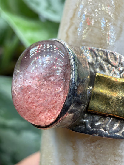 Red Tanzurine® Cabochon Brass Overlay Ring- Sz. 8 Sterling Silver & Brass
