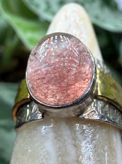 Red Tanzurine® Cabochon Brass Overlay Ring- Sz. 8 Sterling Silver & Brass