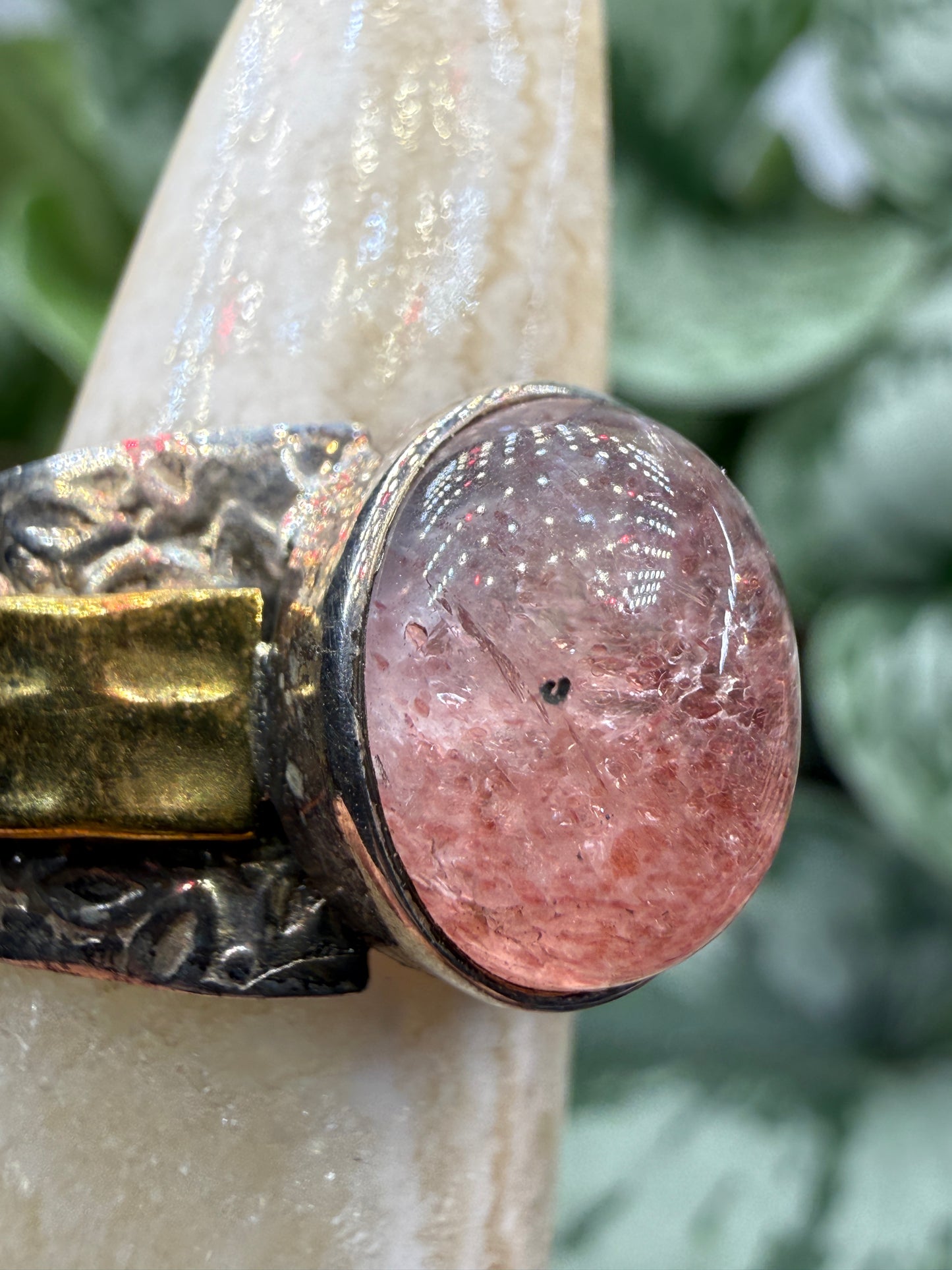 Red Tanzurine® Cabochon Brass Overlay Ring- Sz. 8 Sterling Silver & Brass
