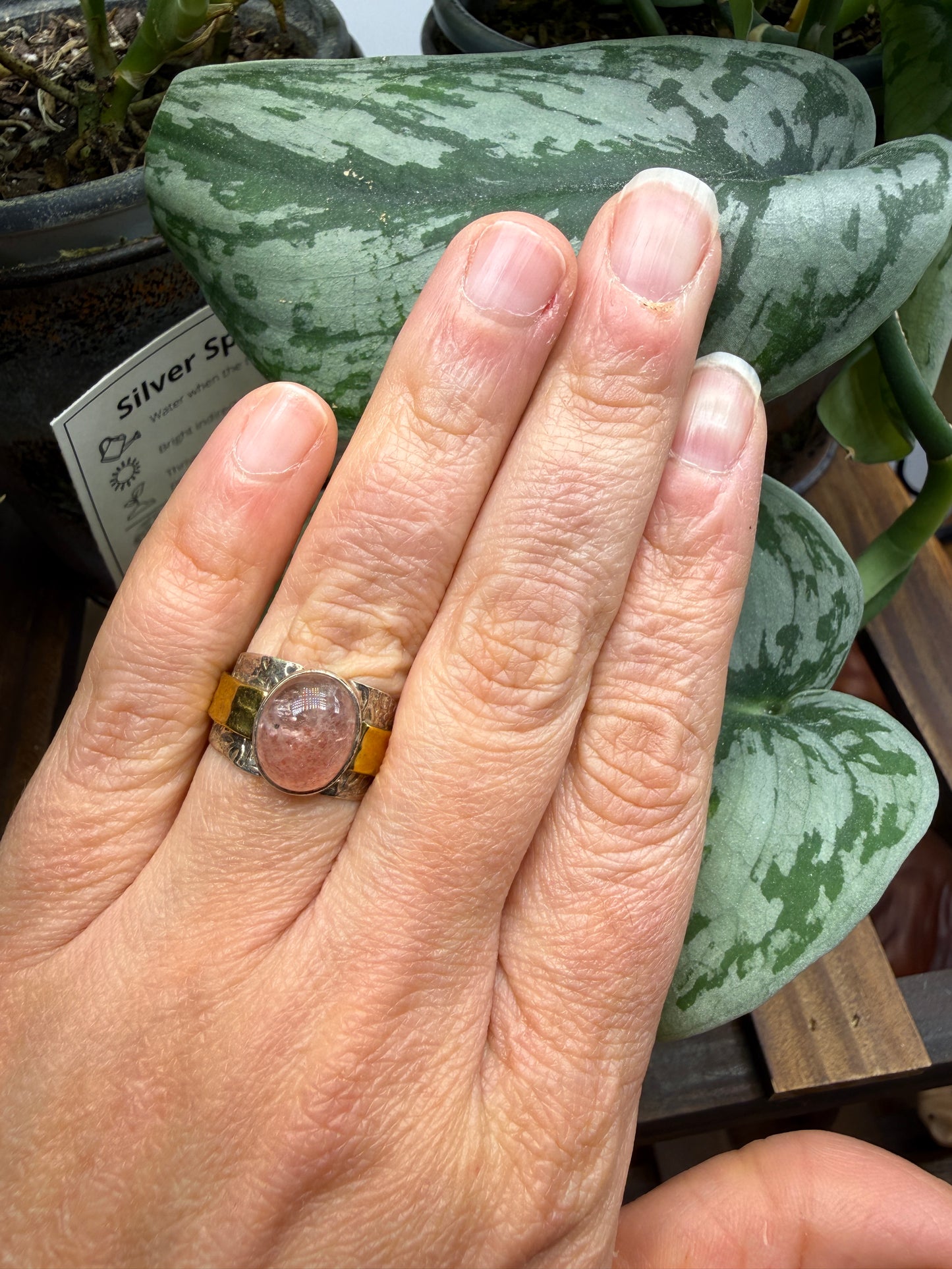 Red Tanzurine® Cabochon Brass Overlay Ring- Sz. 8 Sterling Silver & Brass