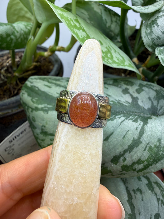 Red Tanzurine® Cabochon Brass Overlay Ring- Sz. 7 Sterling Silver & Brass