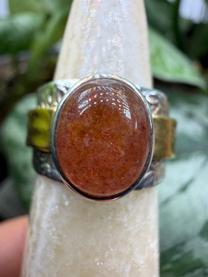 Red Tanzurine® Cabochon Brass Overlay Ring- Sz. 7 Sterling Silver & Brass