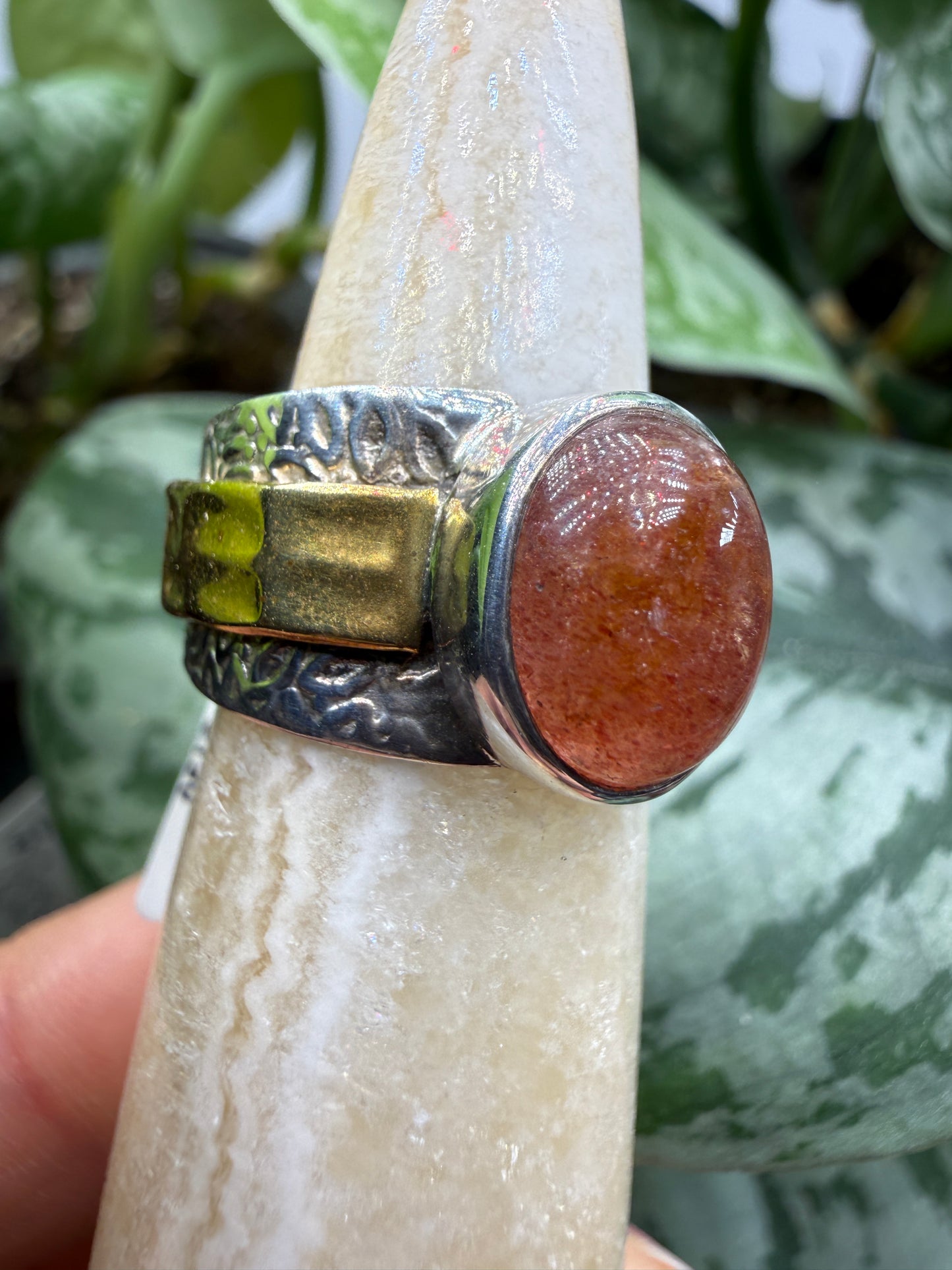 Red Tanzurine® Cabochon Brass Overlay Ring- Sz. 7 Sterling Silver & Brass