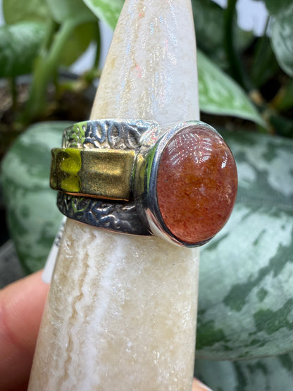 Red Tanzurine® Cabochon Brass Overlay Ring- Sz. 7 Sterling Silver & Brass