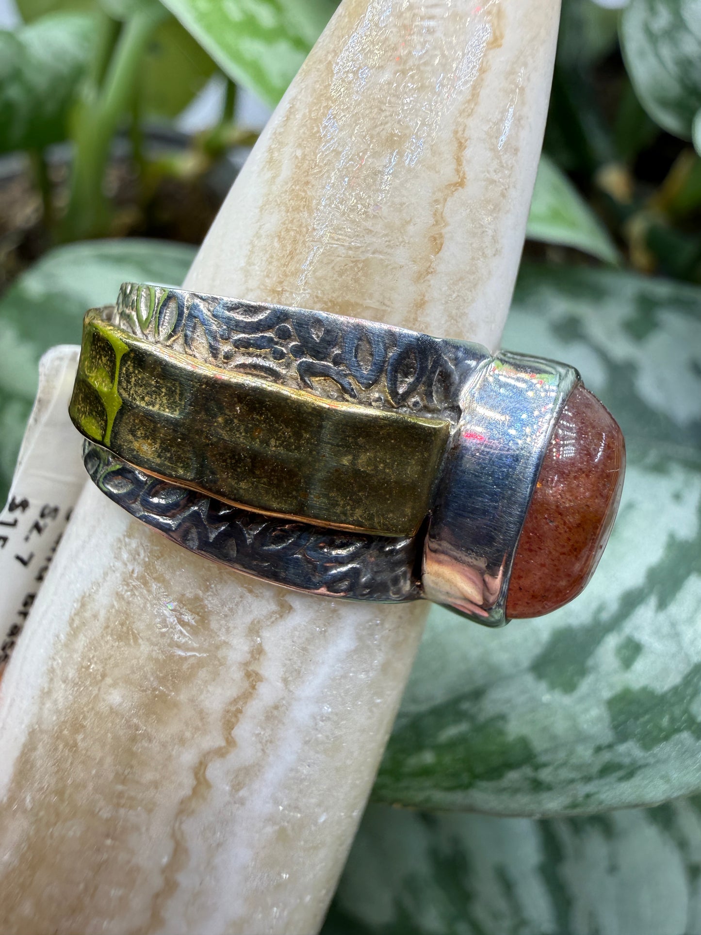 Red Tanzurine® Cabochon Brass Overlay Ring- Sz. 7 Sterling Silver & Brass