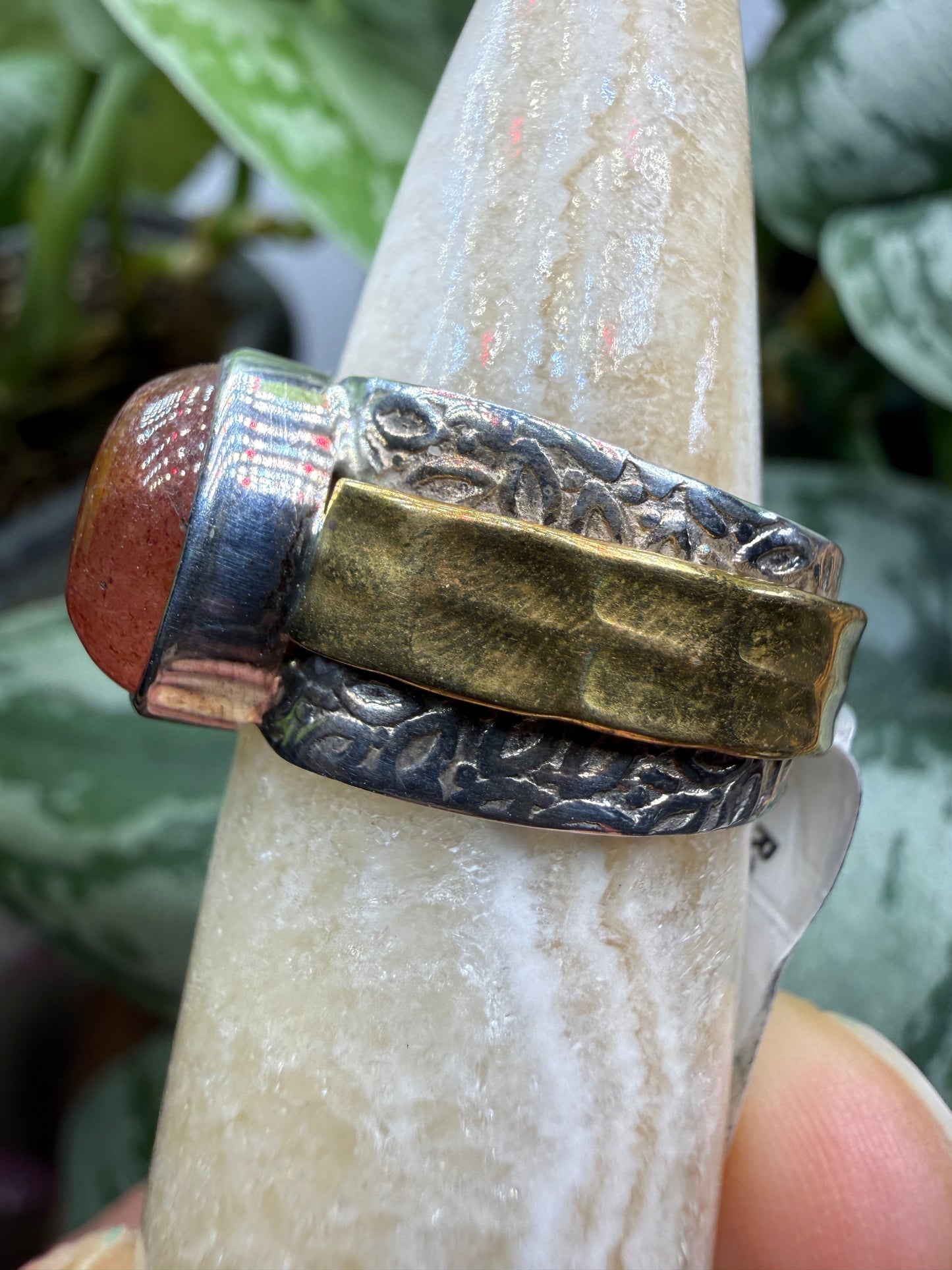 Red Tanzurine® Cabochon Brass Overlay Ring- Sz. 7 Sterling Silver & Brass