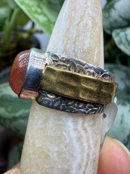Red Tanzurine® Cabochon Brass Overlay Ring- Sz. 7 Sterling Silver & Brass
