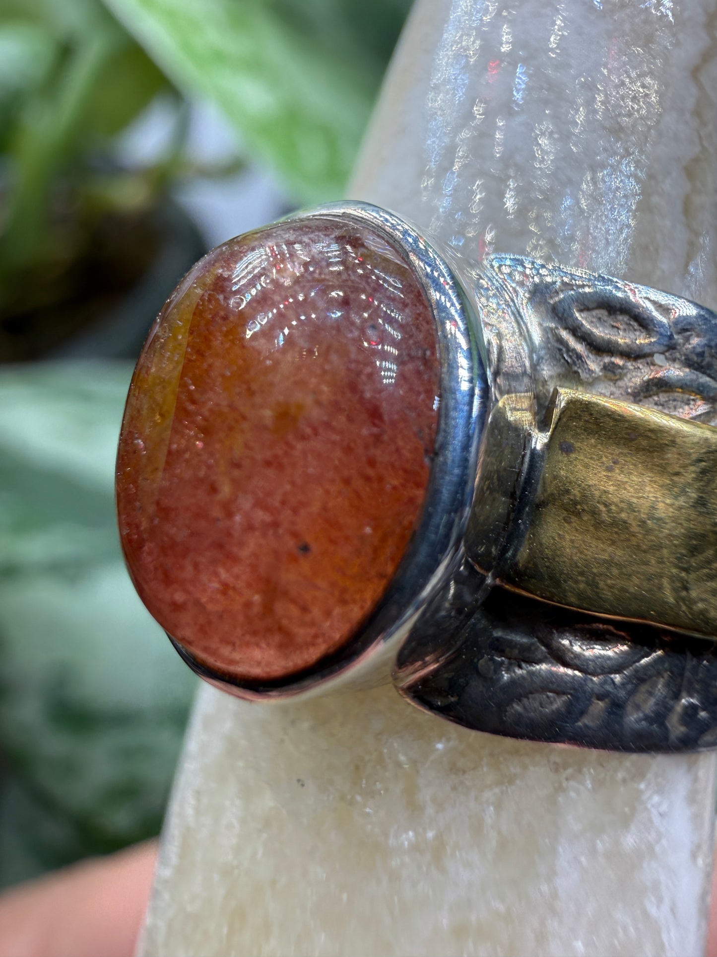 Red Tanzurine® Cabochon Brass Overlay Ring- Sz. 7 Sterling Silver & Brass