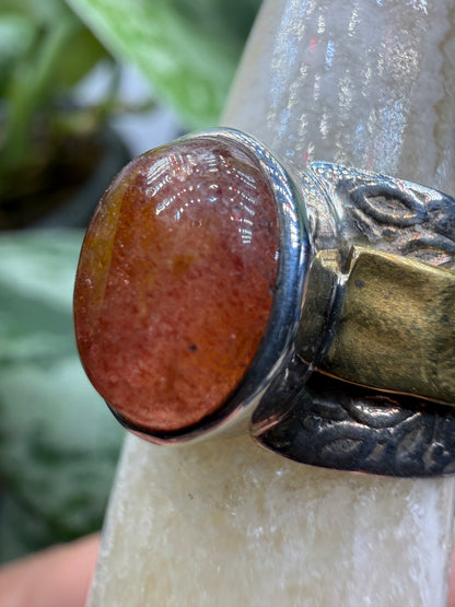 Red Tanzurine® Cabochon Brass Overlay Ring- Sz. 7 Sterling Silver & Brass