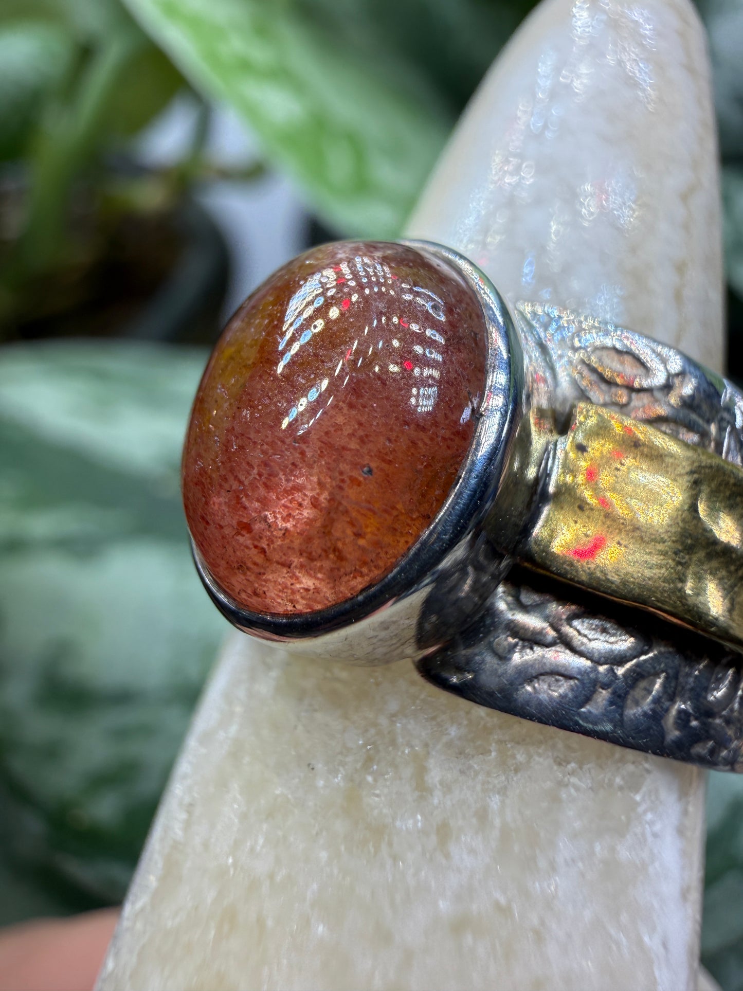 Red Tanzurine® Cabochon Brass Overlay Ring- Sz. 7 Sterling Silver & Brass