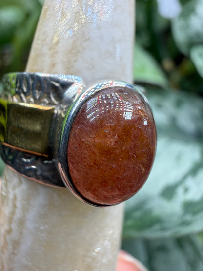Red Tanzurine® Cabochon Brass Overlay Ring- Sz. 7 Sterling Silver & Brass