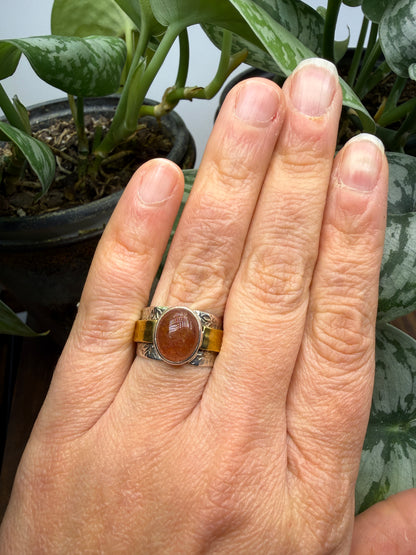 Red Tanzurine® Cabochon Brass Overlay Ring- Sz. 7 Sterling Silver & Brass