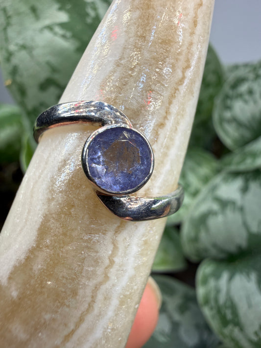 Natural Round Faceted Tanzanite Ring Size 9 in .925 Sterling Silver- Bezel Set