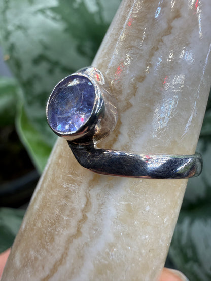 Natural Round Faceted Tanzanite Ring Size 9 in .925 Sterling Silver- Bezel Set