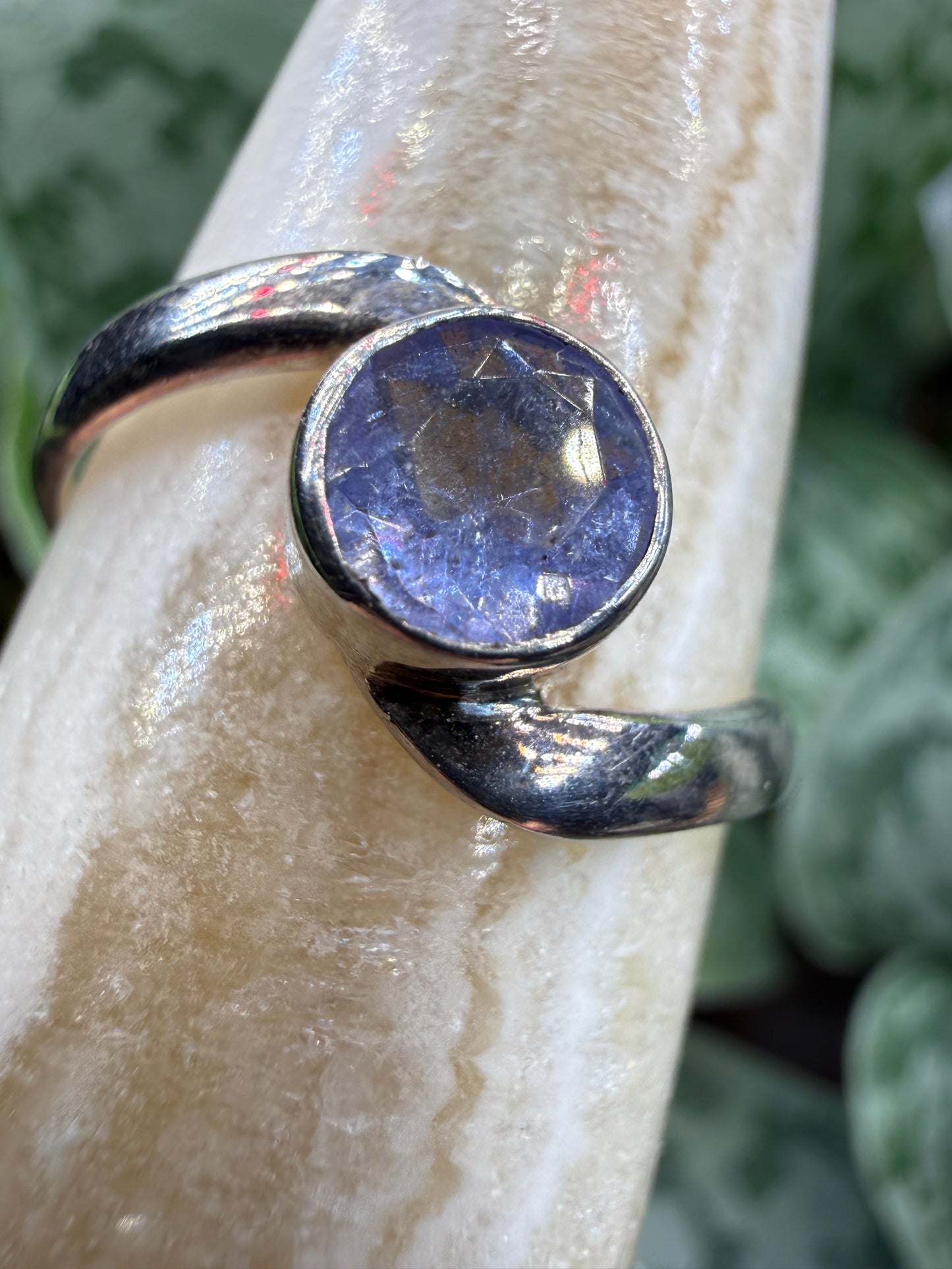 Natural Round Faceted Tanzanite Ring Size 9 in .925 Sterling Silver- Bezel Set