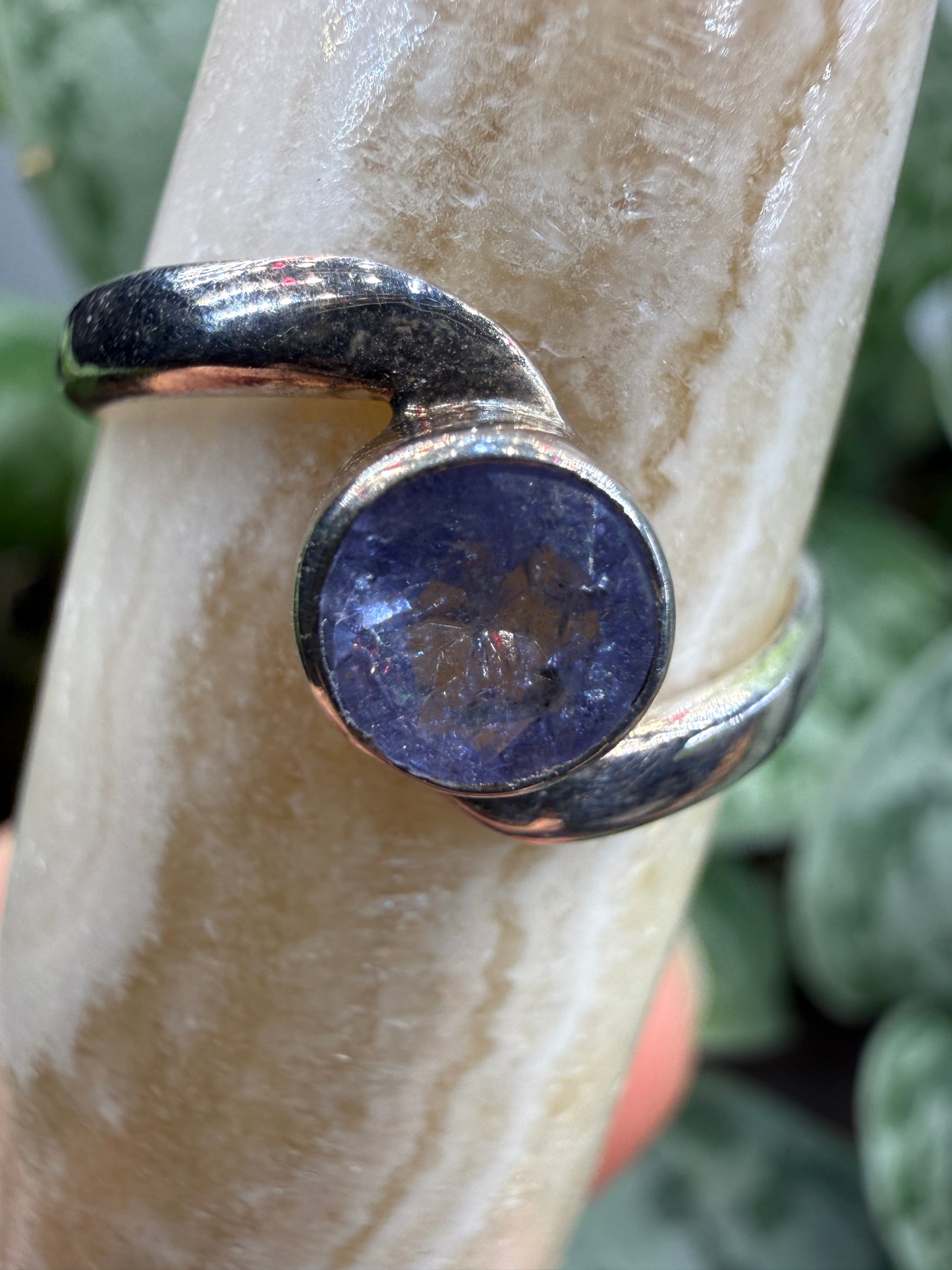 Natural Round Faceted Tanzanite Ring Size 9 in .925 Sterling Silver- Bezel Set