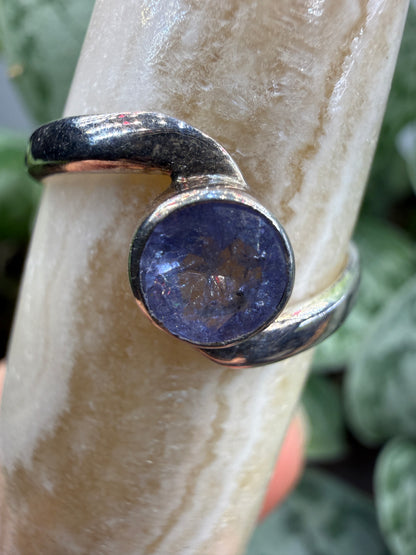 Natural Round Faceted Tanzanite Ring Size 9 in .925 Sterling Silver- Bezel Set