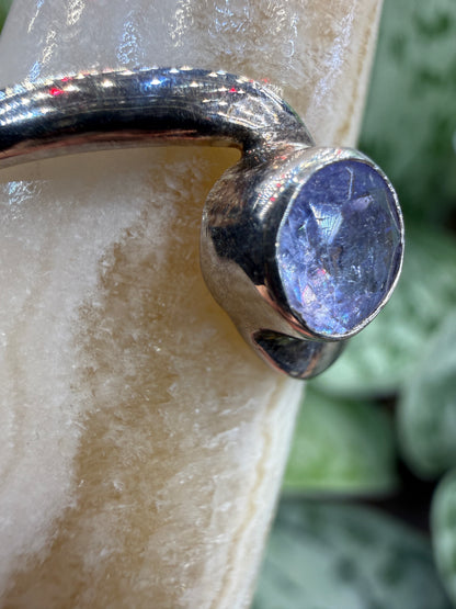 Natural Round Faceted Tanzanite Ring Size 9 in .925 Sterling Silver- Bezel Set