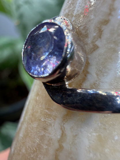 Natural Round Faceted Tanzanite Ring Size 9 in .925 Sterling Silver- Bezel Set