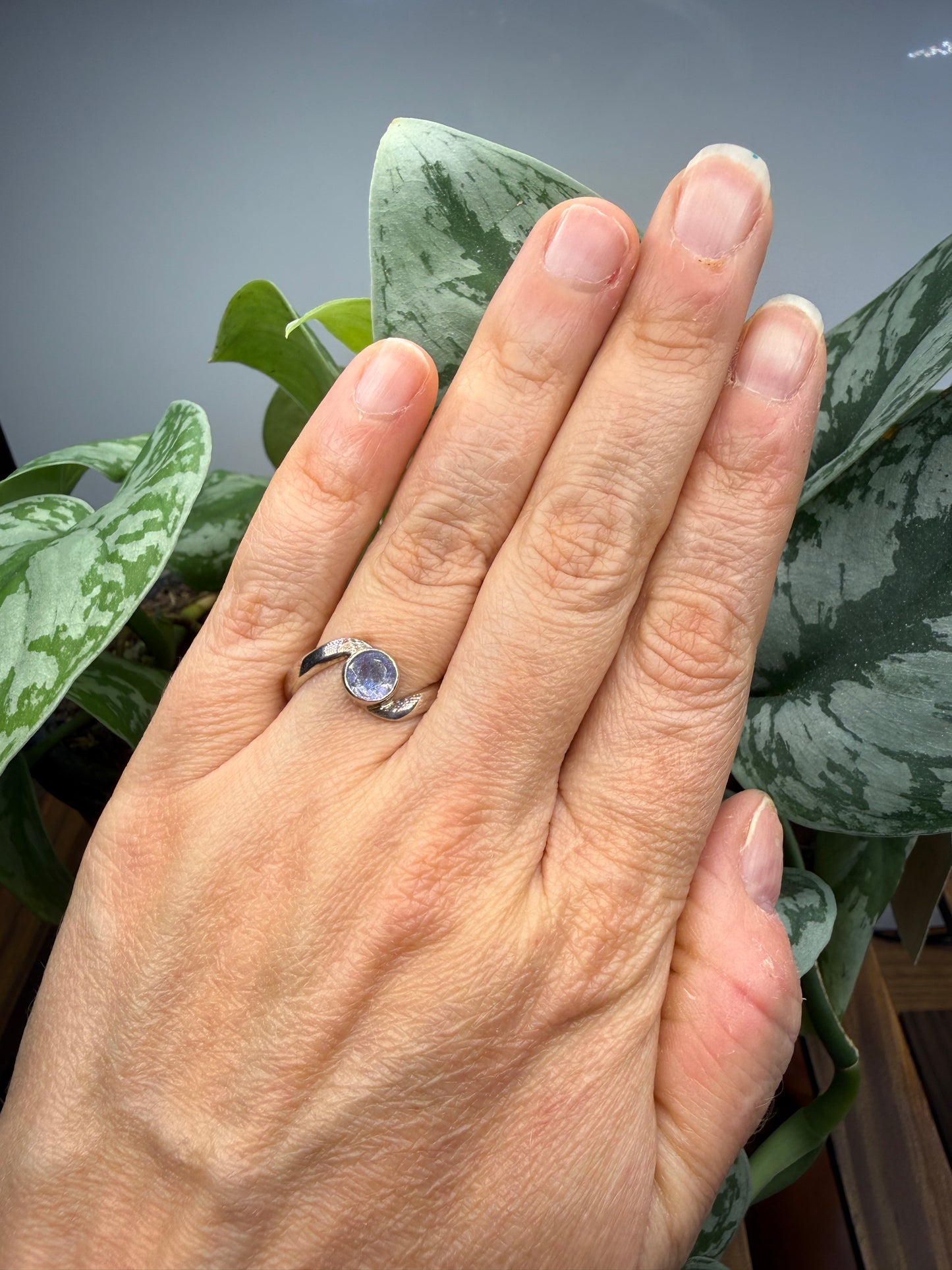 Natural Round Faceted Tanzanite Ring Size 9 in .925 Sterling Silver- Bezel Set