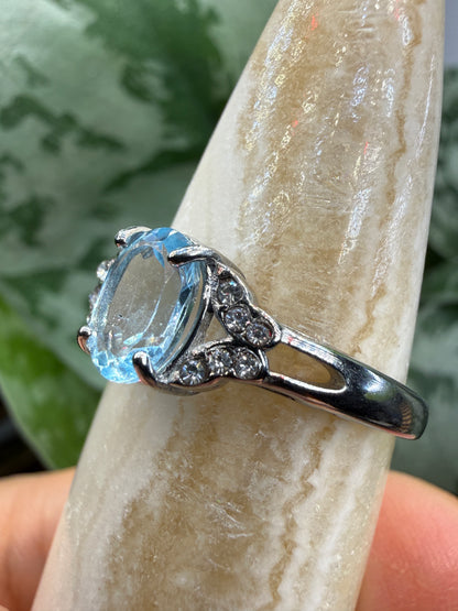 Faceted Blue Topaz Ring Size 8 in 316L Stainless Steel- 8x10mm Oval Gemstone
