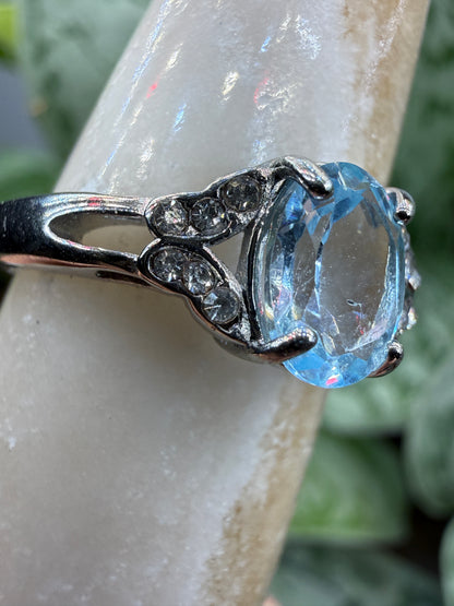 Faceted Blue Topaz Ring Size 8 in 316L Stainless Steel- 8x10mm Oval Gemstone