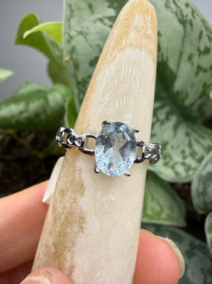 Faceted Blue Topaz Ring Size 8 in 316L Stainless Steel- 8x10mm Oval Gemstone