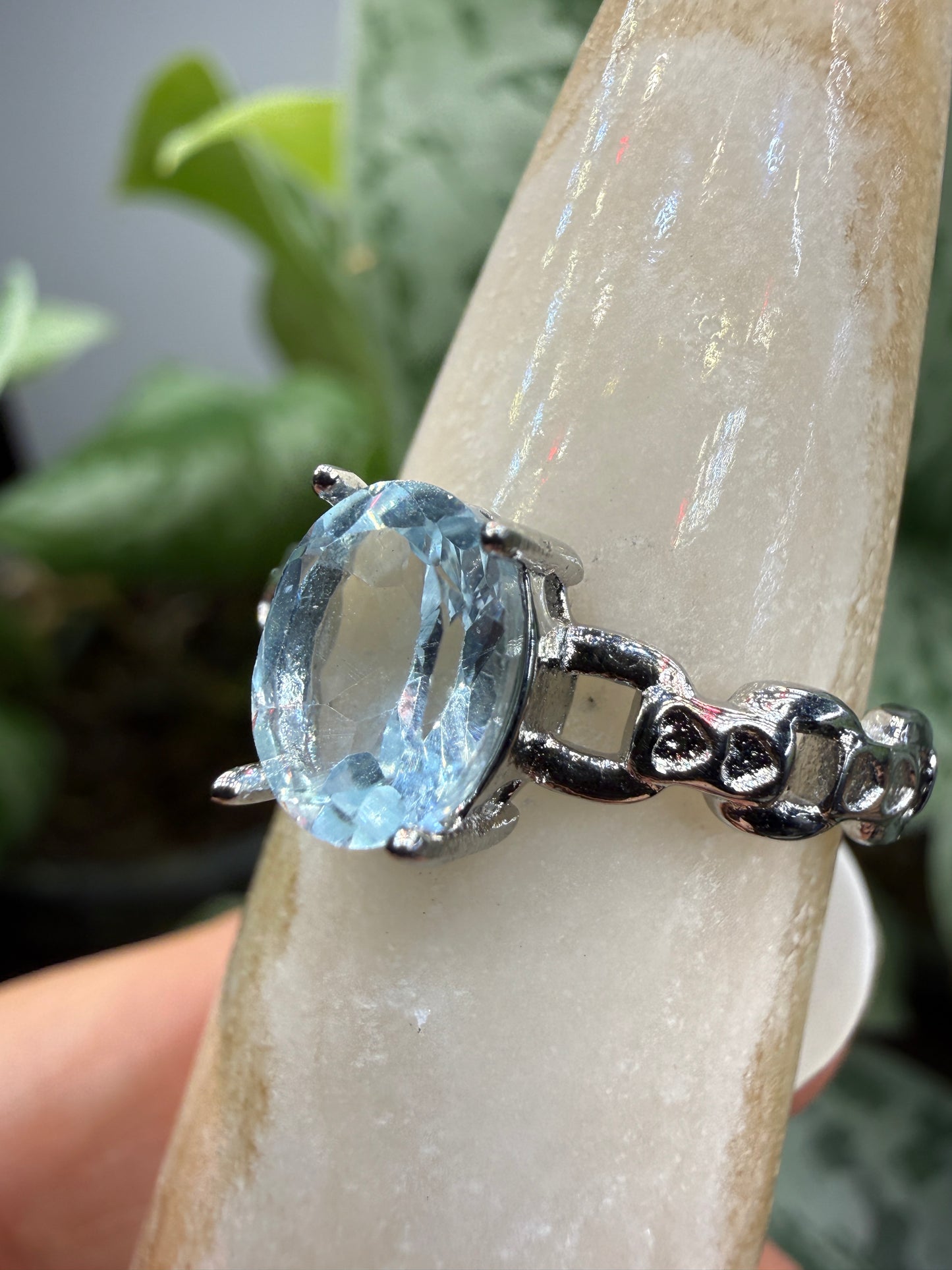 Faceted Blue Topaz Ring Size 8 in 316L Stainless Steel- 8x10mm Oval Gemstone