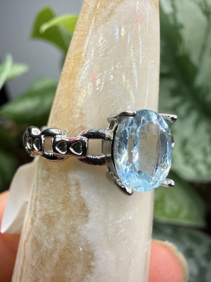 Faceted Blue Topaz Ring Size 8 in 316L Stainless Steel- 8x10mm Oval Gemstone