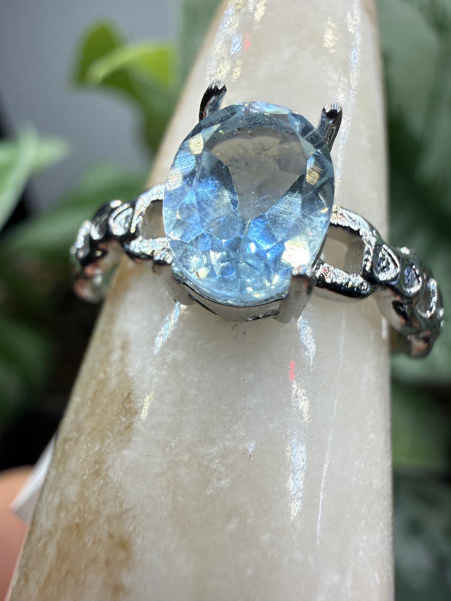 Faceted Blue Topaz Ring Size 8 in 316L Stainless Steel- 8x10mm Oval Gemstone