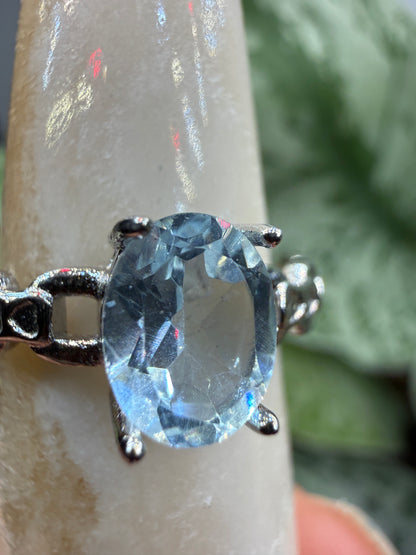 Faceted Blue Topaz Ring Size 8 in 316L Stainless Steel- 8x10mm Oval Gemstone