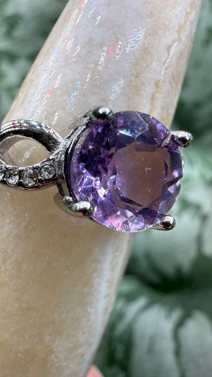 Natural Faceted Amethyst Ring Size 7 in 316L Stainless Steel- 8mm Round Gemstone