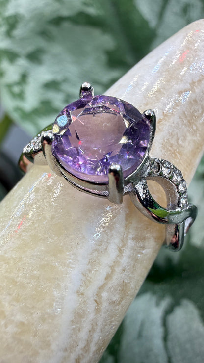 Natural Faceted Amethyst Ring Size 7 in 316L Stainless Steel- 8mm Round Gemstone