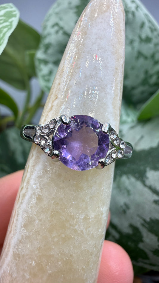 Natural Faceted Amethyst Ring Size 8 in 316L Stainless Steel- 8mm Round Gemstone