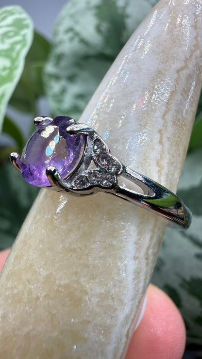 Natural Faceted Amethyst Ring Size 8 in 316L Stainless Steel- 8mm Round Gemstone