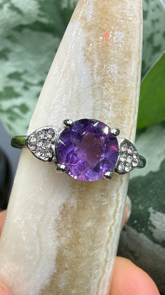 Natural Faceted Amethyst Ring Size 8 in 316L Stainless Steel- 8mm Round Gemstone
