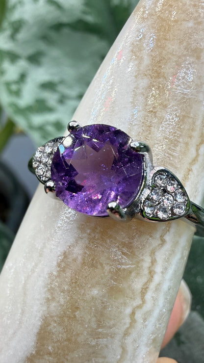 Natural Faceted Amethyst Ring Size 8 in 316L Stainless Steel- 8mm Round Gemstone