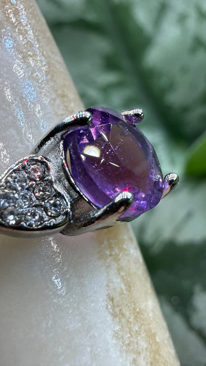 Natural Faceted Amethyst Ring Size 8 in 316L Stainless Steel- 8mm Round Gemstone