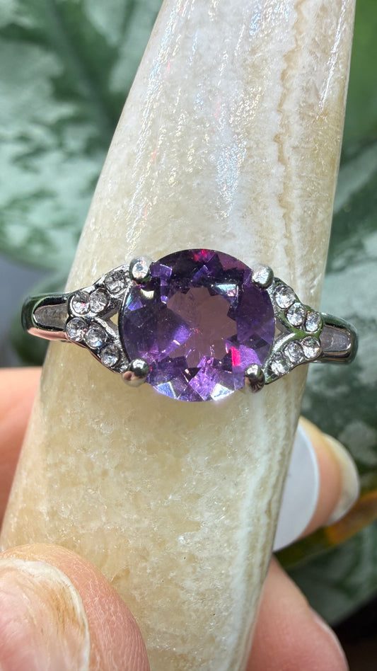 Natural Faceted Amethyst Ring Size 9 in 316L Stainless Steel- 8mm Round Gemstone