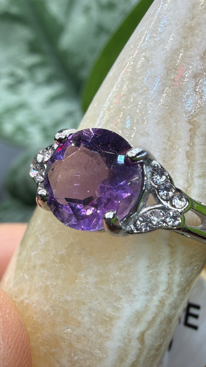 Natural Faceted Amethyst Ring Size 9 in 316L Stainless Steel- 8mm Round Gemstone