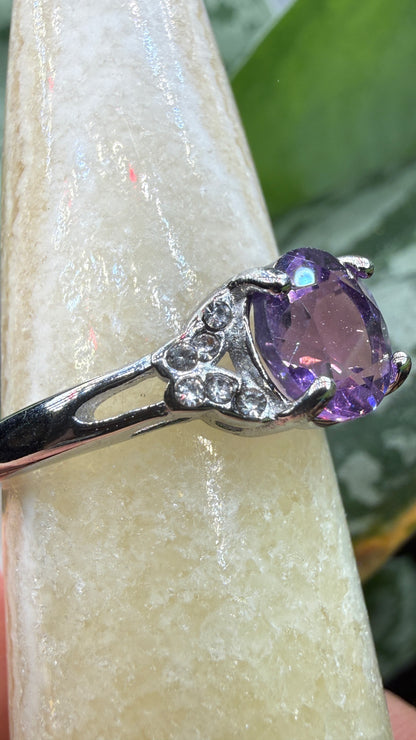Natural Faceted Amethyst Ring Size 9 in 316L Stainless Steel- 8mm Round Gemstone