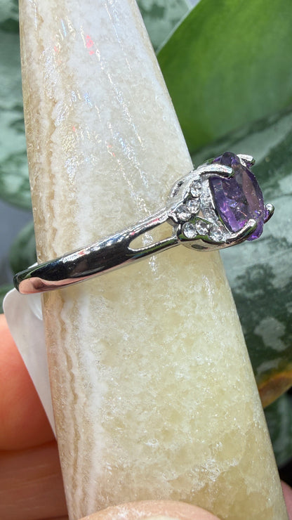 Natural Faceted Amethyst Ring Size 9 in 316L Stainless Steel- 8mm Round Gemstone